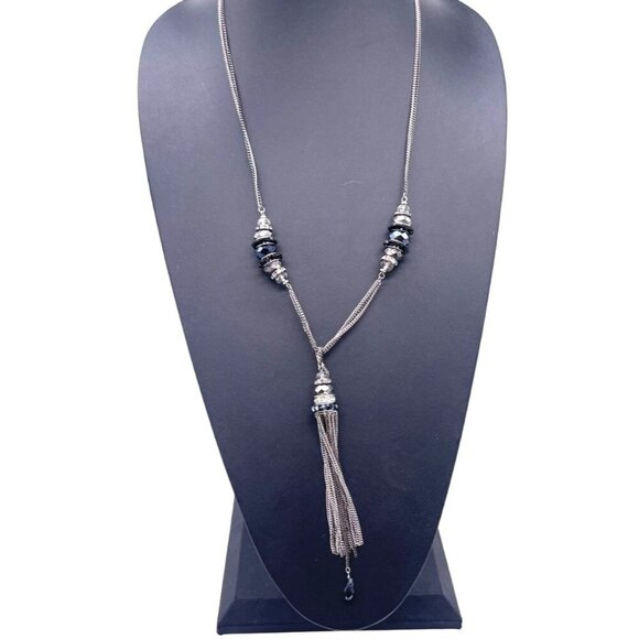 Vintage Ali Khan New York Blue Crystal Tassel Y Drop Chain Necklace Silver Tone - Picture 1 of 7